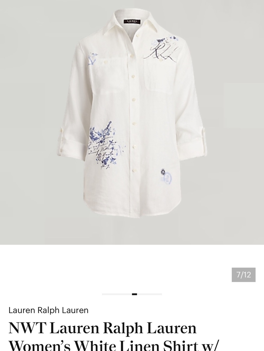 Lauren Ralph Lauren White Linen Shirt with Blue Script and Paint Accents - Picture 5 of 7